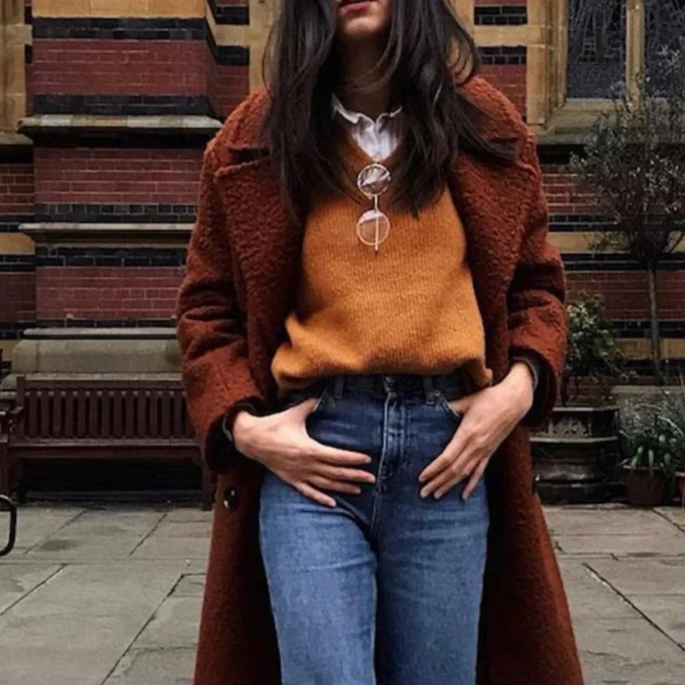 TOPSHOP Teddy Boucle Brown Double Breasted Collared Overcoat Size 8
